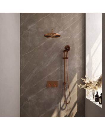 BRAUER Copper Carving thermostatische inbouw regendouche met drukknoppen SET 70 met 30 cm douchekop en gebogen muurarm en 3-standen handdouche en doucheslang en geïntegreerde glijstang koper geborsteld PVD