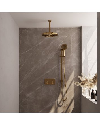 BRAUER Gold Carving thermostatische inbouw regendouche met drukknoppen SET 72 met 30 cm douchekop en plafondarm en 3-standen handdouche en doucheslang en geïntegreerde glijstang goud geborsteld PVD