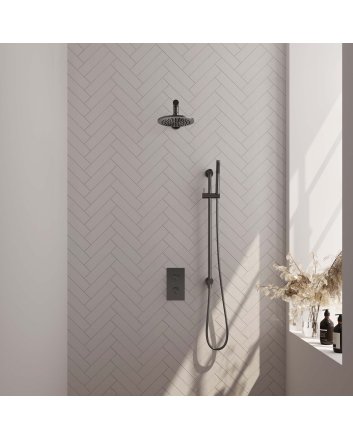 BRAUER Gunmetal Edition thermostatische inbouw regendouche 3-weg omstelling SET 37 met 20 cm douchekop en rechte muurarm en staaf handdouche en doucheslang en geïntegreerde glijstang gunmetal geborsteld PVD