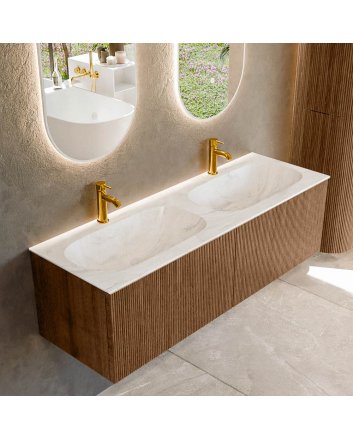 Mondiaz Kurve-Dlux 140cm badmeubel kleur Walnut met 2 lades en 0 deuren. Wastafel Stor small Dubbel 2 kraangaten Ostra.
