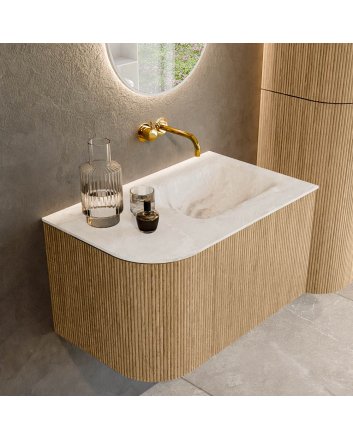 Mondiaz Kurve-Dlux 75cm badmeubel ronding Links kleur Oak met 1 lade en 1 deur. Wastafel Grunne Rechts zonder kraangat Frappe.