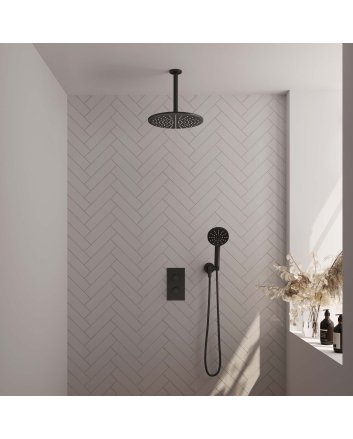 BRAUER Black Edition thermostatische inbouw regendouche 3-weg omstelling SET 36 met 30 cm douchekop en plafondarm en 3-standen handdouche en doucheslang en wandaansluitbocht mat zwart