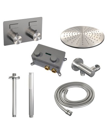BRAUER Brushed Carving thermostatische inbouw regendouche met drukknoppen SET 54 met 30 cm douchekop en plafondarm en staaf handdouche en doucheslang en wandaansluitbocht RVS geborsteld PVD
