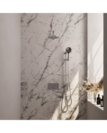BRAUER Chrome Carving thermostatische inbouw regendouche met drukknoppen SET 67 met 20 cm douchekop en rechte muurarm en 3-standen handdouche en doucheslang en geïntegreerde glijstang chroom