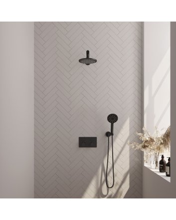 BRAUER Black Edition thermostatische inbouw regendouche met drukknoppen SET 55 met 20 cm douchekop en rechte muurarm en 3-standen handdouche en doucheslang en wandaansluitbocht mat zwart
