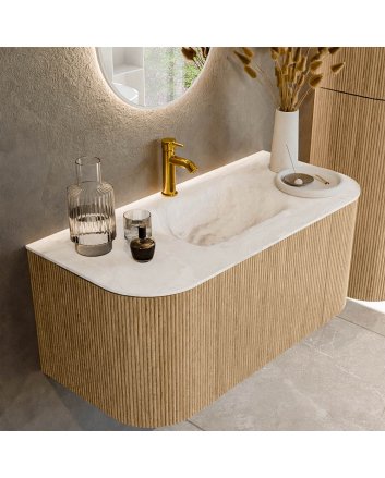 Mondiaz Kurve-Dlux 100cm badmeubel ronding Links + Rechts kleur Oak met 1 lade en 2 deuren. Wastafel Grunne Midden 1 kraangat Frappe.