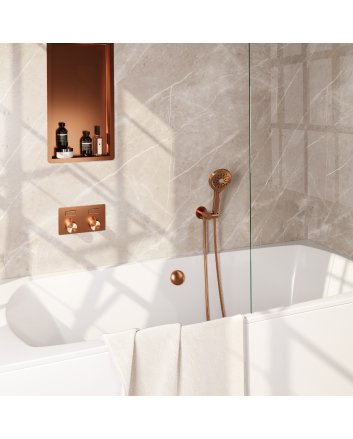 BRAUER Copper Carving thermostatische inbouw badkraan met drukknoppen SET 04 met badvulcombinatie en 3-standen handdouche en doucheslang en wandaansluitbocht koper geborsteld PVD