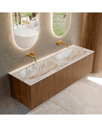 Mondiaz Kurve-Dlux 150cm badmeubel kleur Walnut met 2 lades en 0 deuren. Wastafel Stor small Dubbel zonder kraangat Glace.