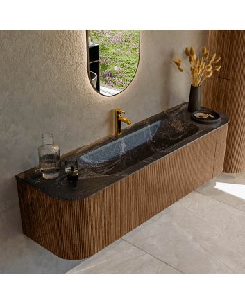 Mondiaz Kurve-Dlux 160cm badmeubel ronding Links + Rechts kleur Walnut met 1 lade en 2 deuren. Wastafel Big medium Midden 1 kraangat Lava.
