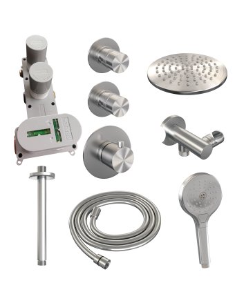 BRAUER Brushed Edition thermostatische inbouw regendouche SET 11 met 20 cm douchekop en plafondarm en 3-standen handdouche en doucheslang en wandaansluitbocht RVS geborsteld PVD