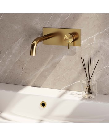 BRAUER Gold Edition inbouw wastafelmengkraan met gebogen uitloop en afdekplaat model B1 goud geborsteld PVD