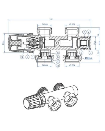 Thermostatisch onderblok 3/4", recht, mat zwart