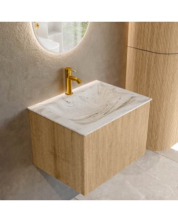 Mondiaz Kurve-Dlux 60cm badmeubel kleur Oak met 1 lade en 0 deuren. Wastafel Cloud Midden 1 kraangat Glace.