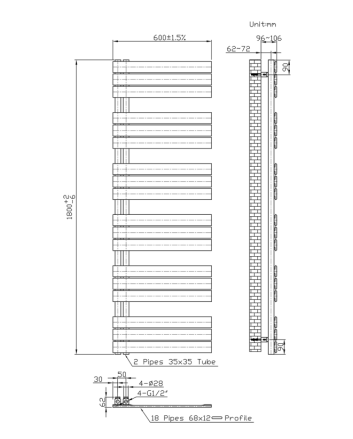 180x60 cm - 1025 Watt - Ecorad Slide - Mat Zwart  - Handdoekradiator | Designradiator