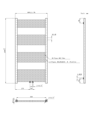 120x60 cm - 775 Watt - Ecorad Handdoekradiator - Geborsteld Goud - Universal-6 aansluitpunten