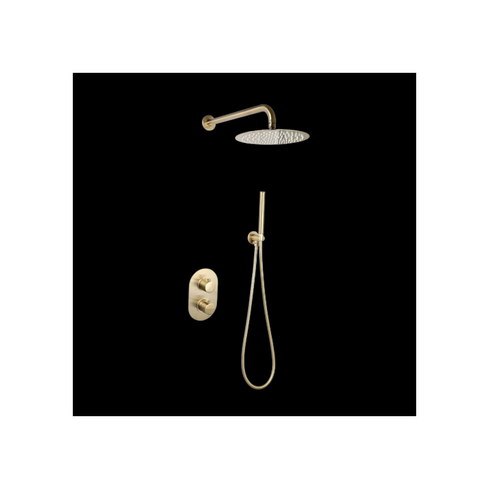 Sani DeLuxe Doucheset inbouw met box thermostaat, muurbevestiging / douchekop 25 cm rond Goud Geborsteld met geribbeld knop