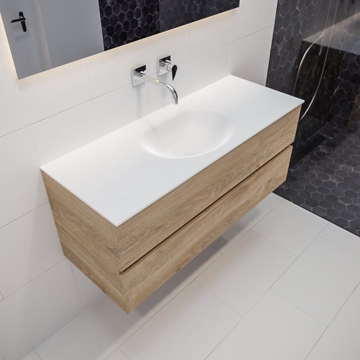 Mondiaz Vica 120 badmeubel washed oak 2 lades Moon midden geen kraangat