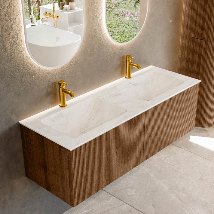 Mondiaz Kurve-Dlux 130cm badmeubel kleur Walnut met 2 lades en 0 deuren. Wastafel Leaf Dubbel 2 kraangaten Ostra.