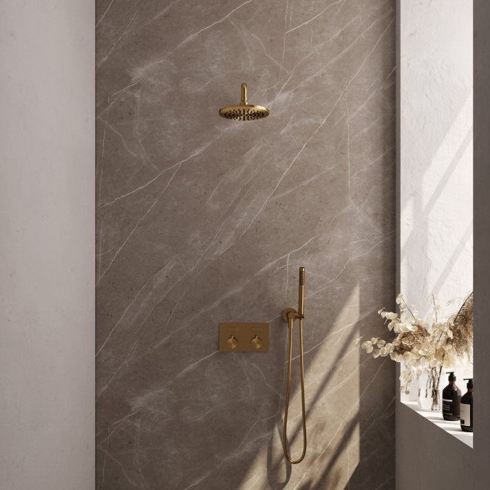 BRAUER Gold Edition thermostatische inbouw regendouche met drukknoppen SET 51 met 20 cm douchekop en gebogen muurarm en staaf handdouche en doucheslang en wandaansluitbocht goud geborsteld PVD