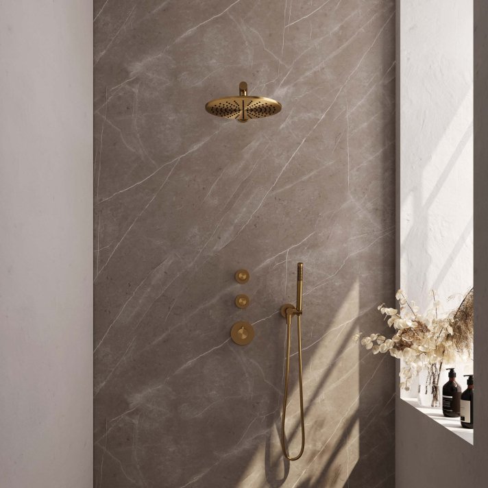 BRAUER Gold Edition thermostatische inbouw regendouche SET 02 met 30 cm douchekop en rechte muurarm en staaf handdouche en doucheslang en wandaansluitbocht goud geborsteld PVD