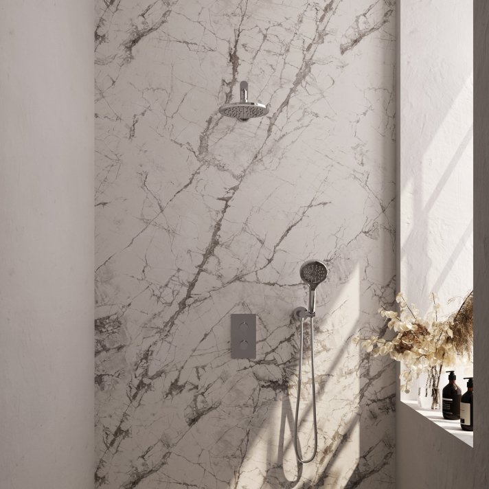 BRAUER Chrome Edition thermostatische inbouw regendouche 3-weg omstelling SET 31 met 20 cm douchekop en rechte muurarm en 3-standen handdouche en doucheslang en wandaansluitbocht chroom