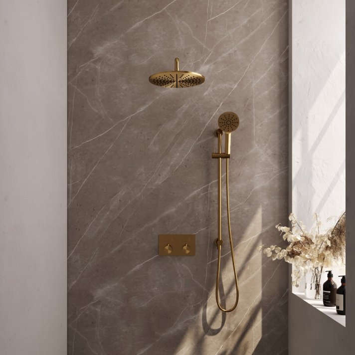 BRAUER Gold Carving thermostatische inbouw regendouche met drukknoppen SET 58 met 30 cm douchekop en gebogen muurarm en 3-standen handdouche en doucheslang en wandaansluitbocht goud geborsteld PVD