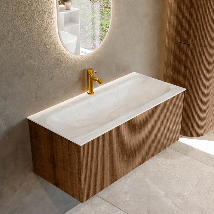 Mondiaz Kurve-Dlux 100cm badmeubel kleur Walnut met 1 lade en 0 deuren. Wastafel Big medium Midden 1 kraangat Ostra.