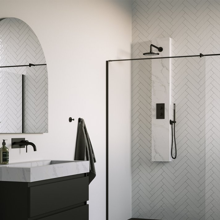 BRAUER Black Edition thermostatisch douchepaneel 2-weg omstelling calacatta gold SET 01 met 20 cm douchekop en gebogen muurarm en staaf handdouche en wandaansluitbocht en doucheslang mat zwart