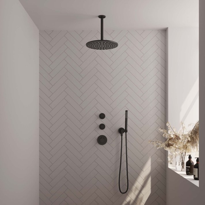 BRAUER Black Edition thermostatische inbouw regendouche SET 06 met 30 cm douchekop en plafondarm en staaf handdouche en doucheslang en wandaansluitbocht mat zwart