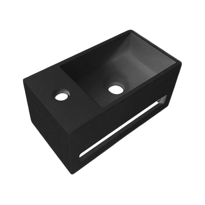 Hunk & Müeller Solid Surface Wastafel Met Handdoekhouder En Kraangat Links (35,8x20,5x15,7cm) - Zwart