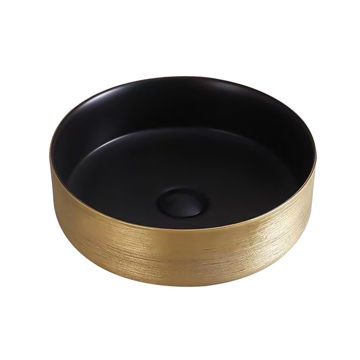 Eco Elegance Keramieken Waskom Met Gouden Geborsteld Reliëf (36cm) - Zwart