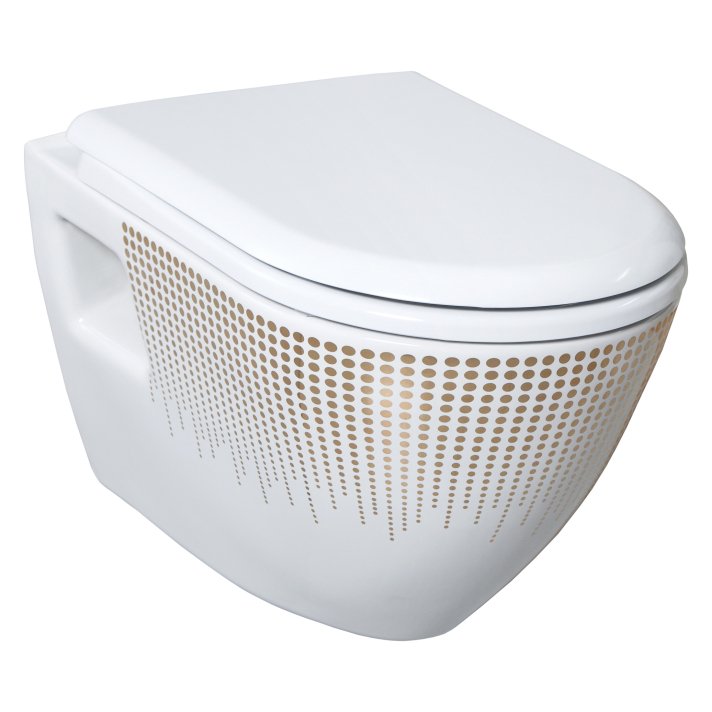 Hunk & Müeller Design Ophang Wc Met Rvs Sproeier (Bidet), Wit Met Goud Decoratie