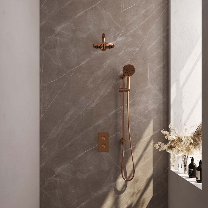 BRAUER Copper Edition thermostatische inbouw regendouche 3-weg omstelling SET 43 met 20 cm douchekop en rechte muurarm en 3-standen handdouche en doucheslang en geïntegreerde glijstang koper geborsteld PVD