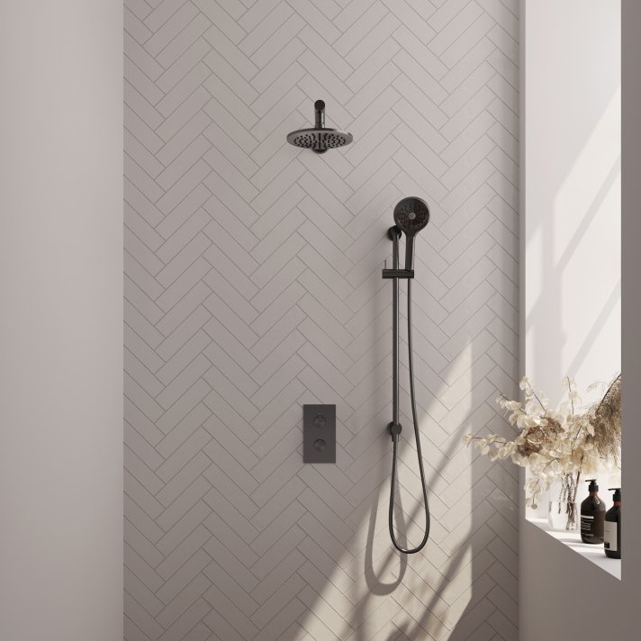 BRAUER Gunmetal Carving thermostatische inbouw regendouche 3-weg omstelling SET 43 met 20 cm douchekop en rechte muurarm en 3-standen handdouche en doucheslang en geïntegreerde glijstang gunmetal geborsteld PVD