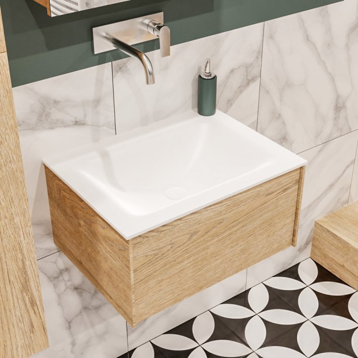Mondiaz Lush 60 badmeubel washed oak 1 lade wastafel midden geen kraangat