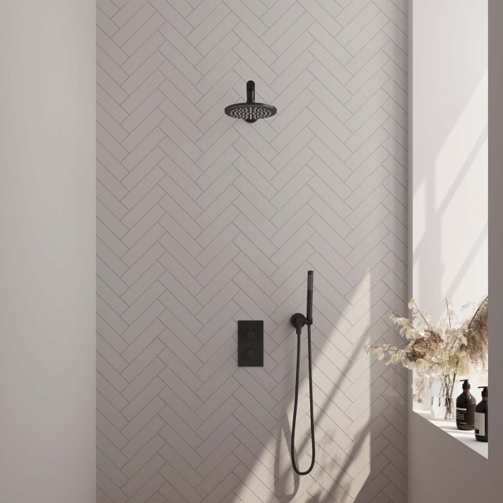 BRAUER Black Carving thermostatische inbouw regendouche 3-weg omstelling SET 25 met 20 cm douchekop en rechte muurarm en staaf handdouche en doucheslang en wandaansluitbocht mat zwart