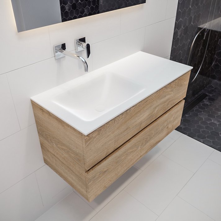 Mondiaz Vica 100 badmeubel washed oak 2 lades Cloud links geen kraangat