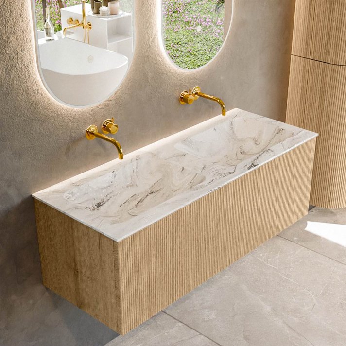 Mondiaz Kurve-Dlux 120cm badmeubel kleur Oak met 1 lade en 0 deuren. Wastafel Leaf Dubbel zonder kraangat Glace.