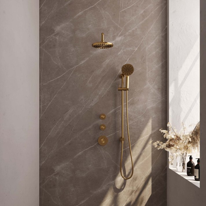 BRAUER Gold Carving thermostatische inbouw regendouche SET 21 met 20 cm douchekop en gebogen muurarm en 3-standen handdouche en doucheslang en geïntegreerde glijstang goud geborsteld PVD