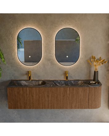 Mondiaz Kurve-Dlux 165cm badmeubel ronding Rechts kleur Walnut met 2 lades en 1 deur. Wastafel Stor small Dubbel / Links 2 kraangaten Lava.