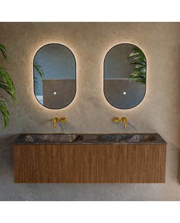 Mondiaz Kurve-Dlux 150cm badmeubel kleur Walnut met 2 lades en 0 deuren. Wastafel Stor small Dubbel zonder kraangat Lava.