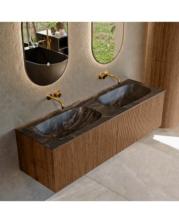 Mondiaz Kurve-Dlux 150cm badmeubel kleur Walnut met 2 lades en 0 deuren. Wastafel Stor small Dubbel zonder kraangat Lava.