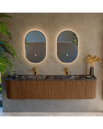 Mondiaz Kurve-Dlux 190cm badmeubel ronding Links + Rechts kleur Walnut met 2 lades en 2 deuren. Wastafel Stor small Dubbel 2 kraangaten Lava.