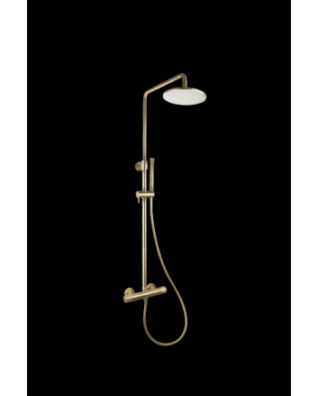 Sani DeLuxe Doucheset opbouw thermostatisch (in hoogte verstelbaar) rond Goud Geborsteld met geribbeld knop douchekop 25 cm