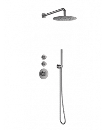 Sani DeLuxe Doucheset inbouw deluxe met box thermostaat, muurbevestiging / douchekop 25 cm rond Gun Metal met geribbeld knop