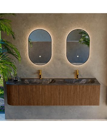 Mondiaz Kurve-Dlux 175cm badmeubel ronding Links kleur Walnut met 2 lades en 1 deur. Wastafel Stor small Dubbel / Rechts 2 kraangaten Lava.