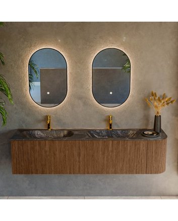 Mondiaz Kurve-Dlux 175cm badmeubel ronding Rechts kleur Walnut met 2 lades en 1 deur. Wastafel Stor small Dubbel / Links 2 kraangaten Lava.