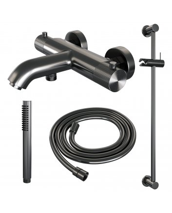 BRAUER Gunmetal Carving opbouw baddouche thermostaatkraan SET 01 met glijstang en staaf handdouche en doucheslang gunmetal geborsteld PVD