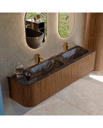 Mondiaz Kurve-Dlux 175cm badmeubel ronding Links kleur Walnut met 2 lades en 1 deur. Wastafel Stor small Dubbel / Rechts 2 kraangaten Lava.