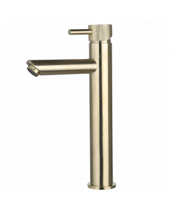 Sani DeLuxe Wastafelmengkraan opbouw hoog rond Goud Geborsteld met geribbeld knop